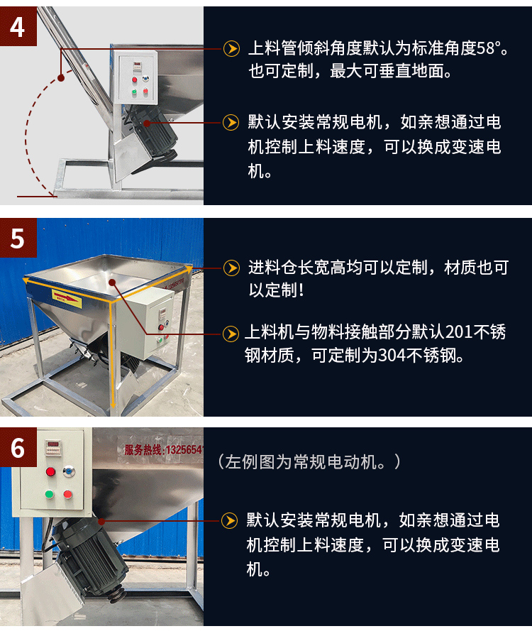 不銹鋼螺旋輸送采用304/316L不銹鋼材質，使用變電機，可滿足客戶的多樣化需求